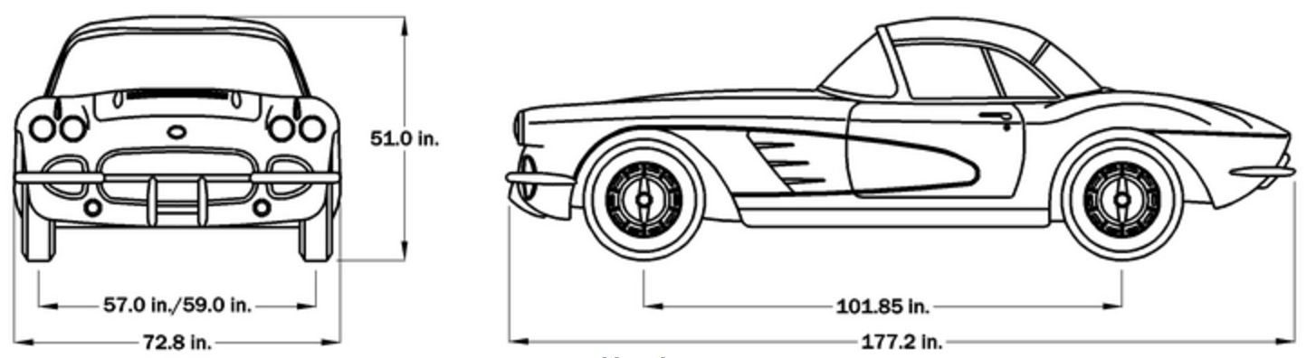 1958 C1 Corvette Car Dimensions - Hardtop