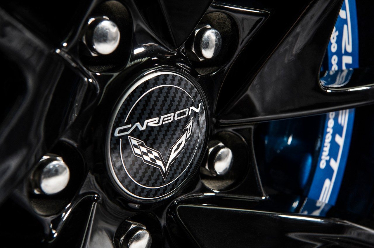 The 2018 Carbon 65 Edition Corvette features black, machined wheels with blue calipers.