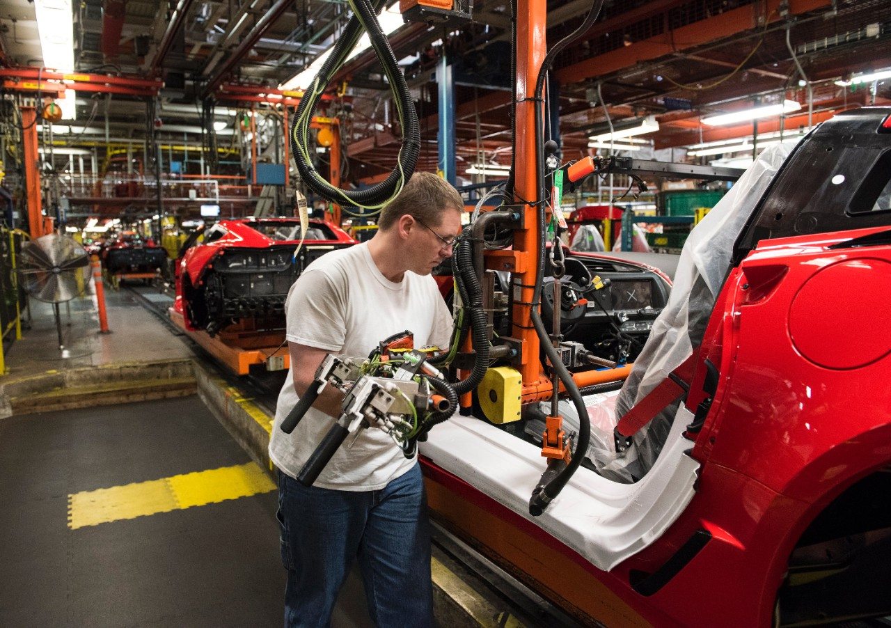 The 2017 Corvette Stingray being assembled at the Corvette Assembly Plant in Bowling Green, Kentucky.