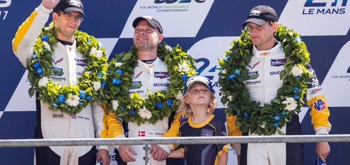 Jordan Taylor, Jan Magnussen and Antonio Garcia on the podium after taking 3rd Place it the GTE Pro Class at the 2017 24 Hours of Le Mans.