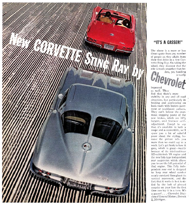 1963 Corvette ad featuring both the Coupe and the Convertible. "It's a Gasser!" (Image Courtesy of GM Media.)
