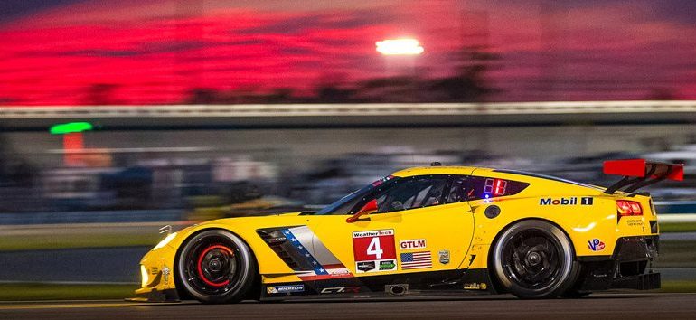 The No. 4 C7.R Corvette Race Car at Sunset in Daytona Beach, Florida