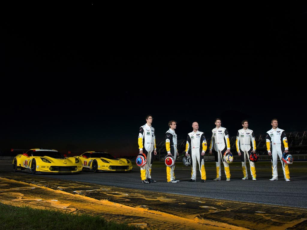 The Corvette Racing Team (from left to right): Jordan Taylor, Antonio Garcia, Jan Magnussen, Tommy Milner, Oliver Gavin, Marcel Fassler.