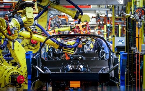 Blue Corvette chassis at the Bowling Green Manufacturing Plant