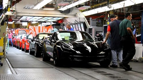 C7 Corvette Stingrays roll off the assembly line at the Chevrolet Plant in Bowling Green, Kentucky.