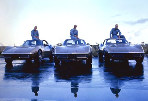 Apollo 12 astronauts (L-R) Charles 'Pete' Conrad Jr., Richard Francis Gordon Jr., and Alan LaVern Bean with their identical 1969 Corvette Stingray coupes.