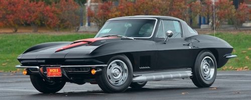 1967 Chevrolet Corvette Coupe in Rare Tuxedo Black with Red Stinger hood.