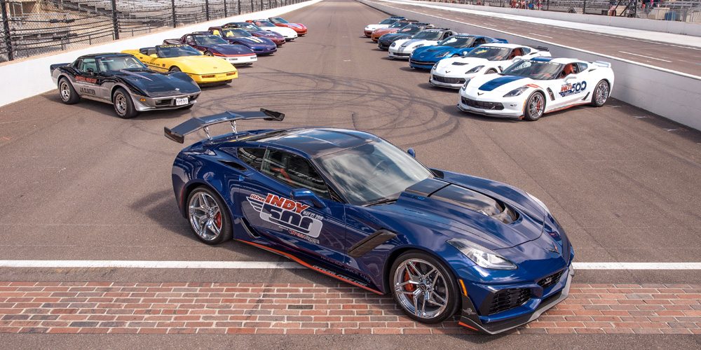 2019 Corvette ZR1 pace car with other Indianapolis 500 Corvette pace cars.