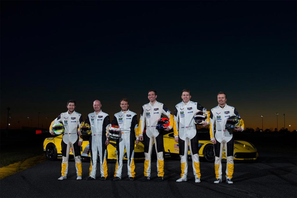 The 2019 drivers line-up for Corvette Racing include (from left to right): Mike Rockenfeller, Jan Magnussen, Antonio Garcia, Oliver Gavin, Tommy Milner and Marcel Fassler