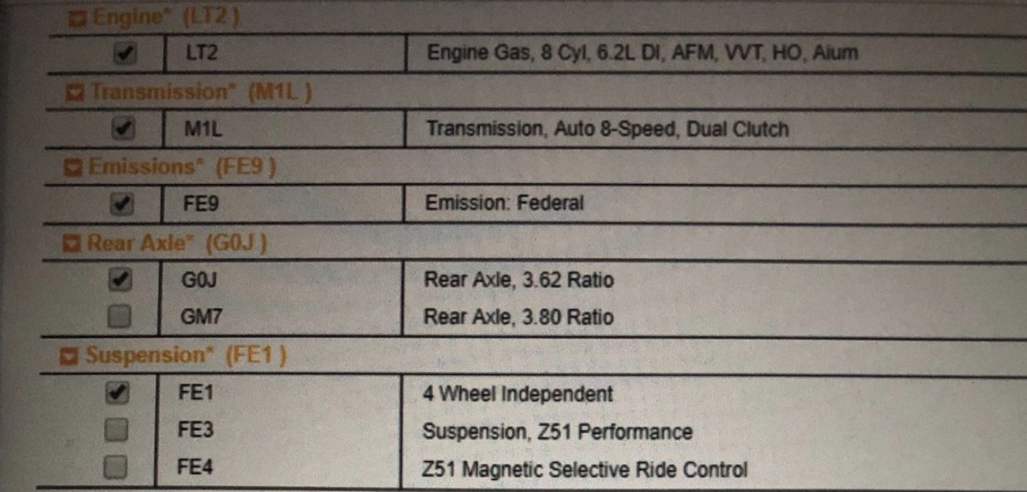 2020 C8 Corvette Order Sheet