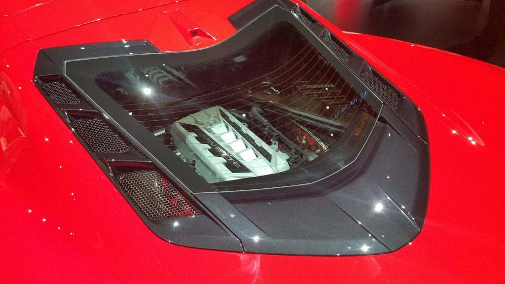 2020 Corvette engine as seen thru rear window.