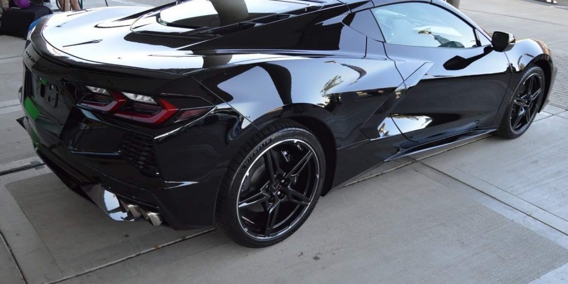 The 2020 Mid-Engine Corvette in black at the Corvette Homecoming in Bowling Green, Kentucky.