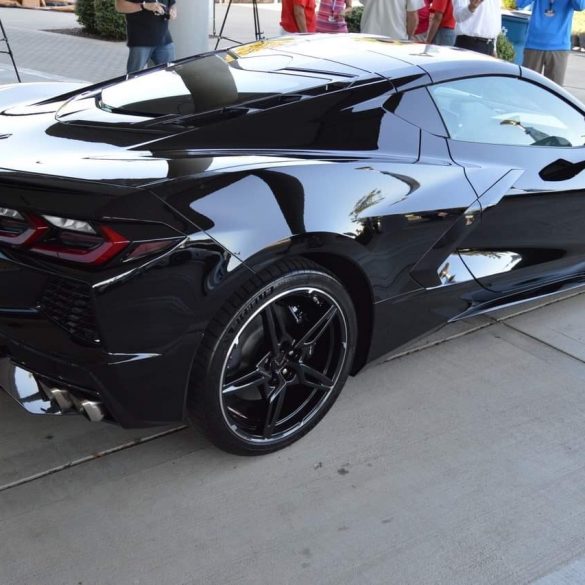 The 2020 Mid-Engine Corvette in black at the Corvette Homecoming in Bowling Green, Kentucky.