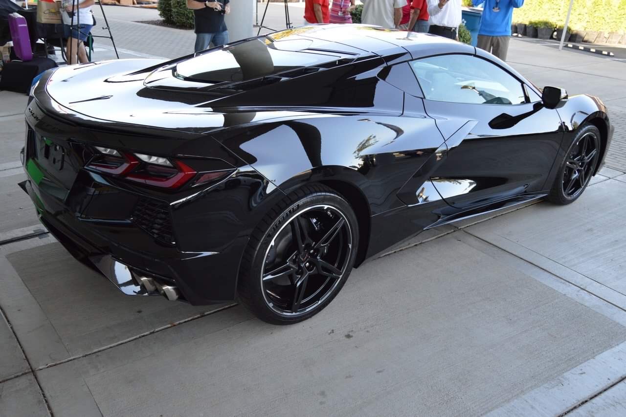 The 2020 Mid-Engine Corvette in black at the Corvette Homecoming in Bowling Green, Kentucky.