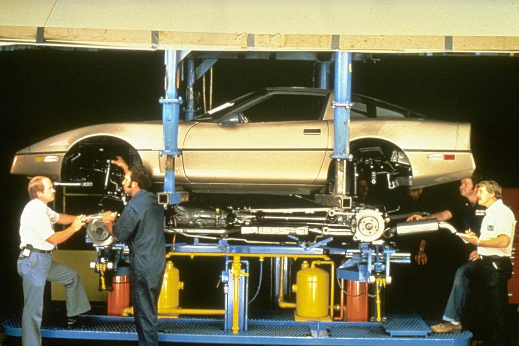 The pairing of a C4 Corvette body to its chassis. This photograph shows the Corvette components as they're about to be mated together at the Bowling Green Assembly Plant.