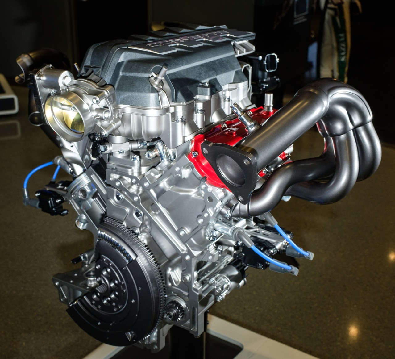 A cut-away version of the LT2 6.2L V-8 engine for the 2020 Corvette Stingray. The new mid-engine Corvette featuring the LT2 and dual-clutch transmission can reach 60 mph in 2.9 seconds and cross the quarter mile mark in 11.2 seconds at 121 mph. (Photo by Steve Fecht for Chevrolet)