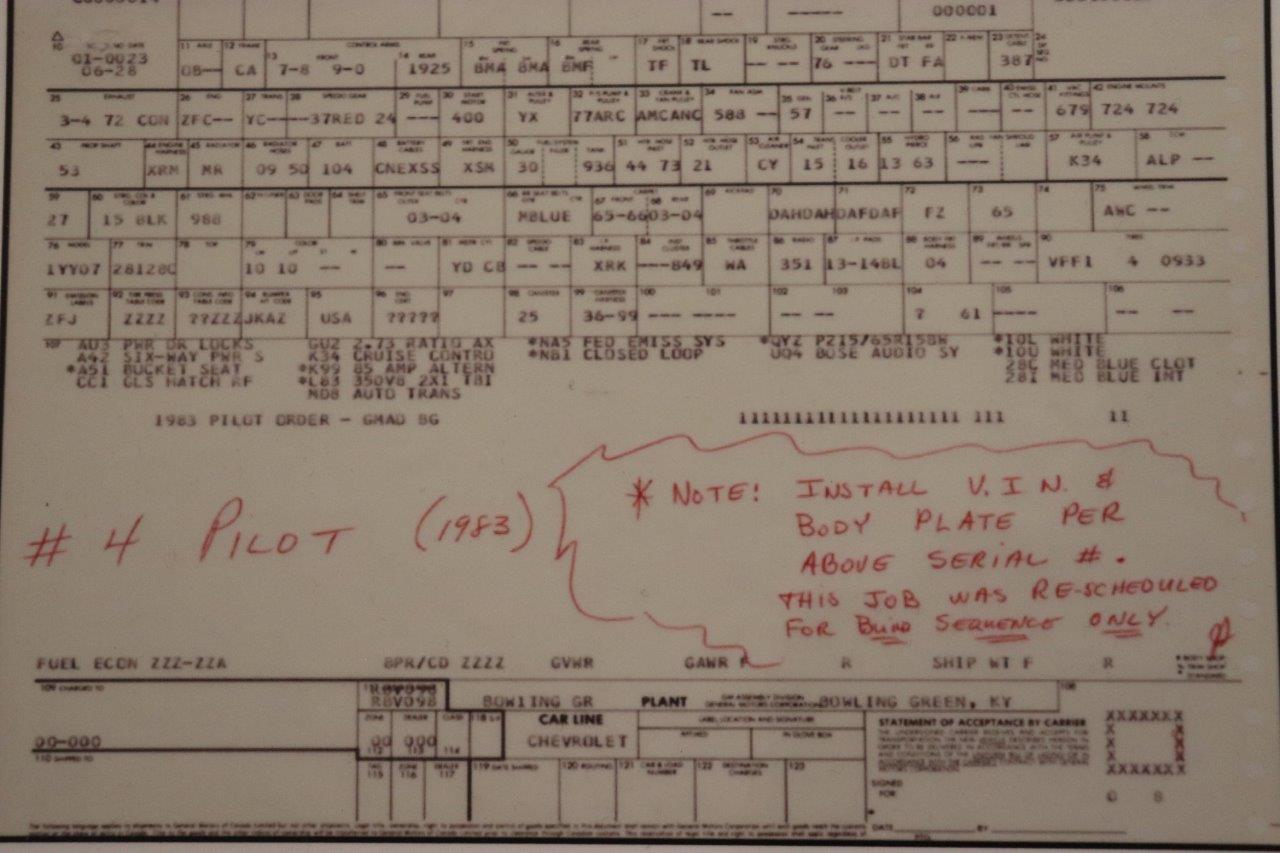 Build Sheet for the RBVO98 corvette.