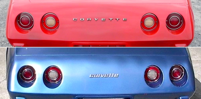 The 1976 Corvette included two different emblems on the rear fascia -one (top) was a carryover from 1975 while the other (bottom) was introduced in 1976.