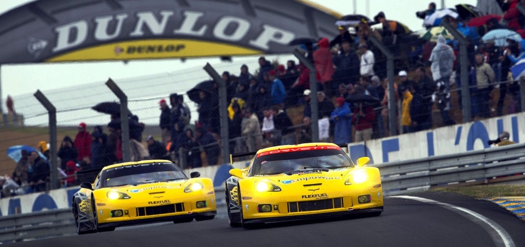 The 2013 Corvette Racing program at the 24 Hours of Le Mans shows the matched yellow-liveries of both the No. 3 and No.4 Corvettes.