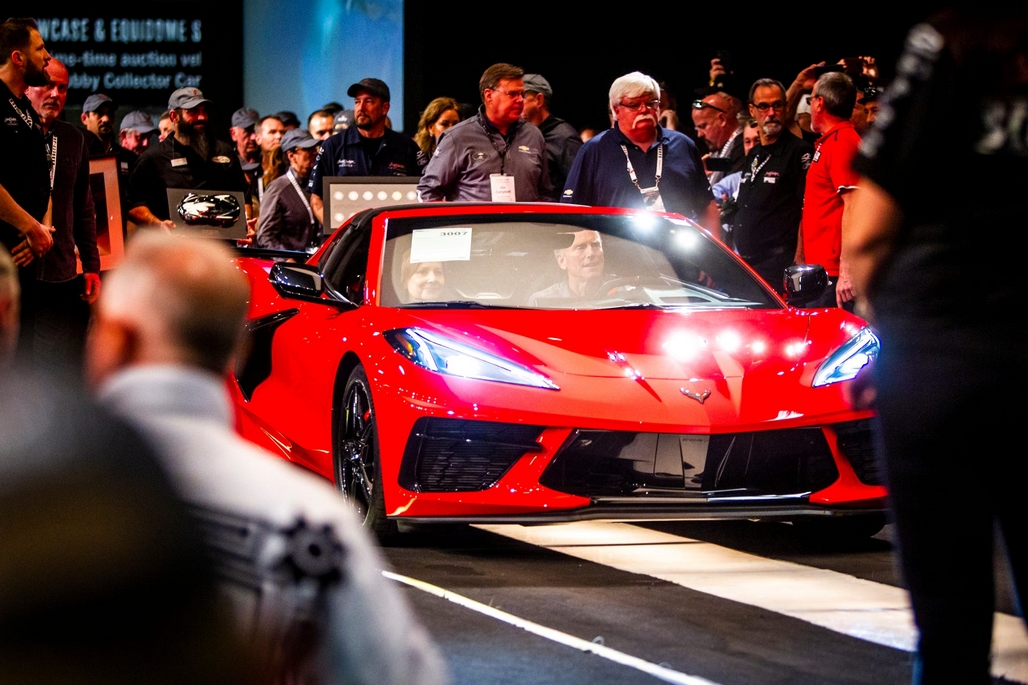 The 2020 Mid-Engine Corvette crosses the auction block at Barrett-Jackson in Scottsdale, Arizona.