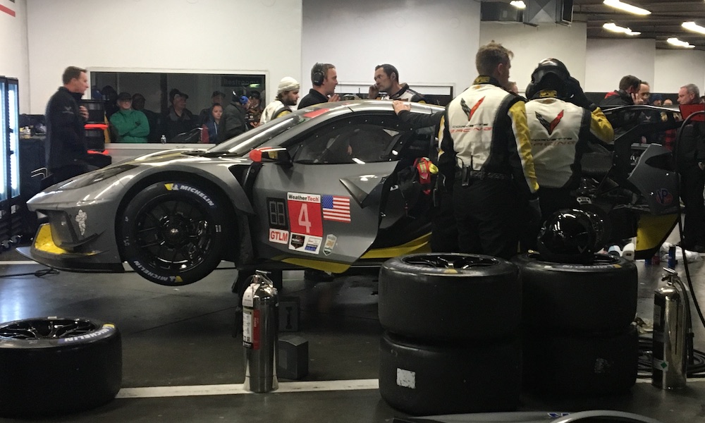 The Chevrolet team worked feverishly to get the Mid-Engine Corvette back on the track before the end of teh race.