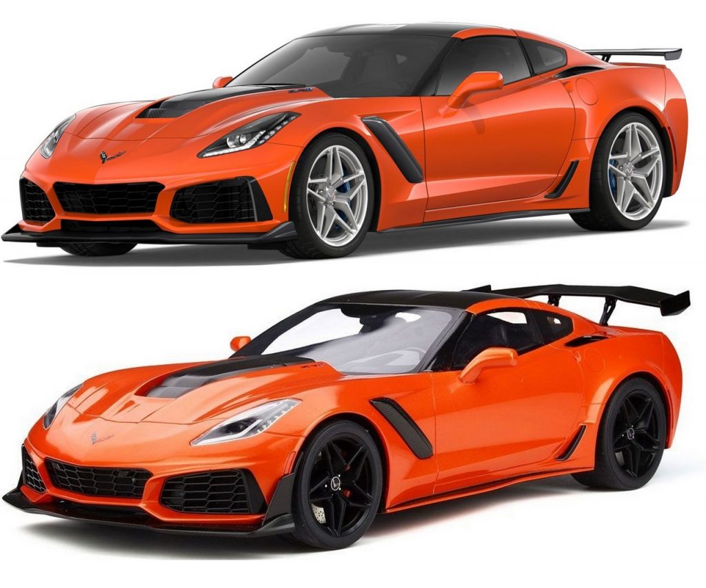 The 2019 Corvette ZR1 in Sebring Orange shown with the low wing (top) and the option high wing (bottom.)