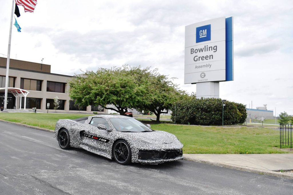 Early press photo of the Mid-Engine Corvette prototype at the Bowling Green Assembly Plant in late-summer 2019.