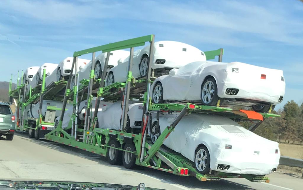 One of the first shipments of the 2020 Mid-Engine Corvette to dealerships across the United States.