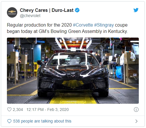 Chevrolet announces the start of production of the mid-engine Corvette via Twitter on February 3, 2020.