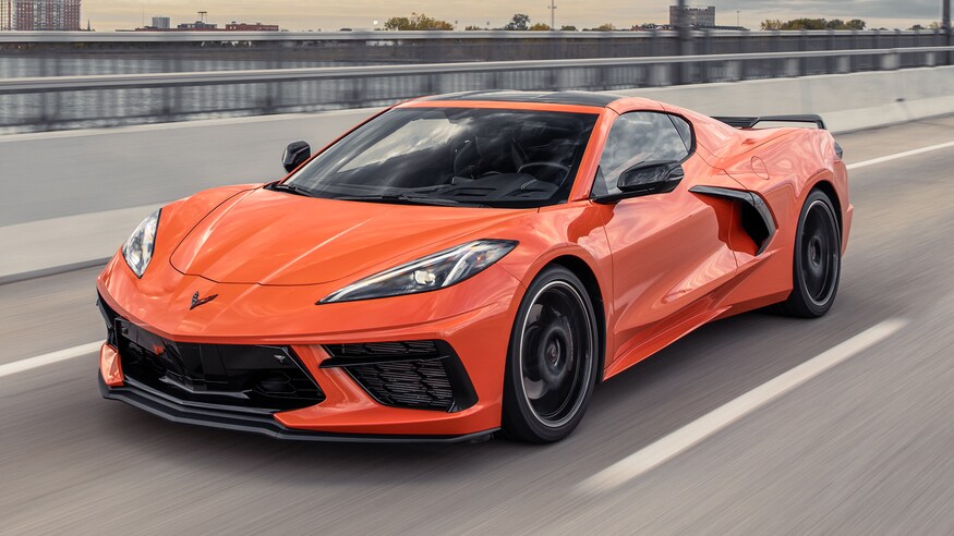 The 2020 Mid-Engine Corvette in Sebring Orange.