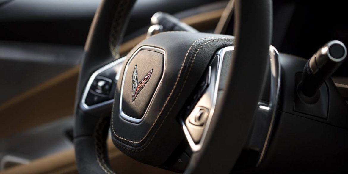 The steering wheel of the C8 Mid-Engine Corvette.