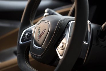 The steering wheel of the C8 Mid-Engine Corvette.