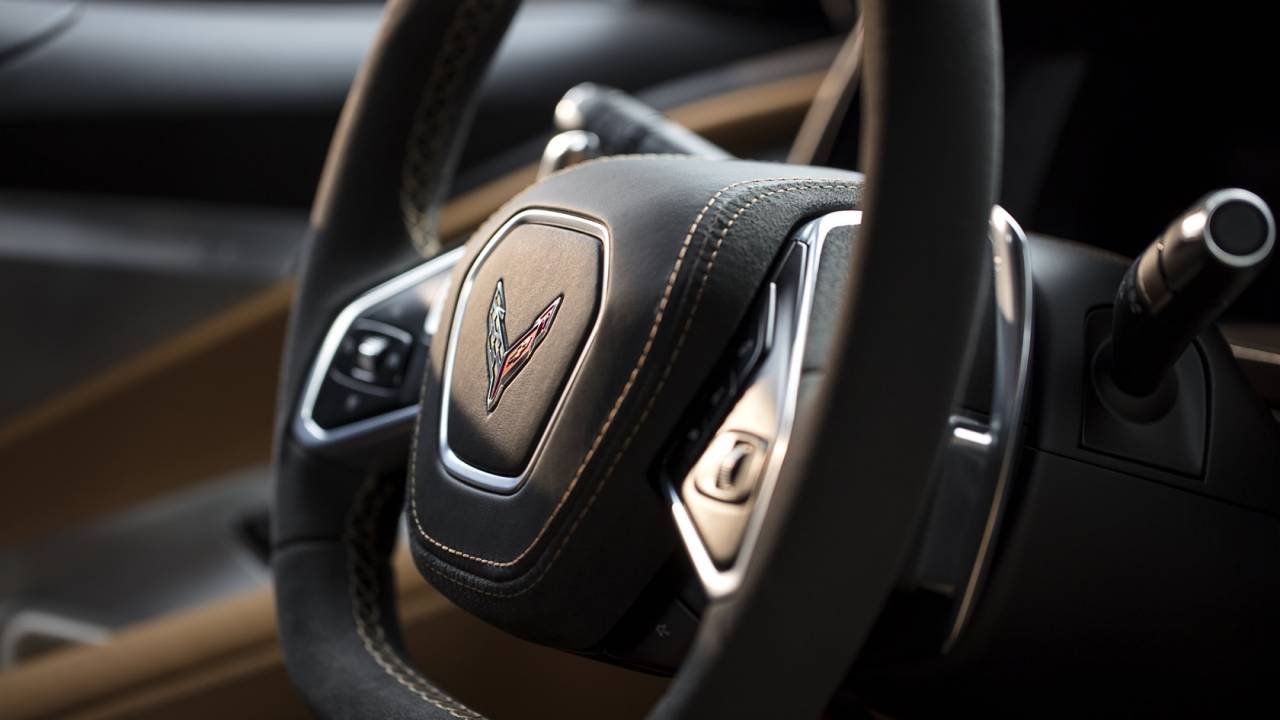 The steering wheel of the C8 Mid-Engine Corvette.