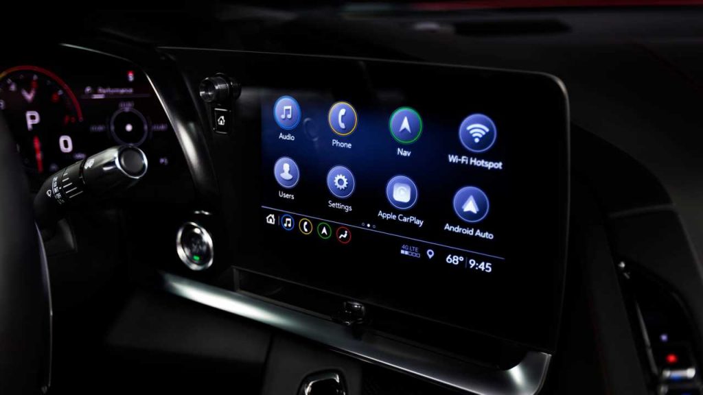 The infotainment center interface in the cockpit of the Mid-Engine Corvette.