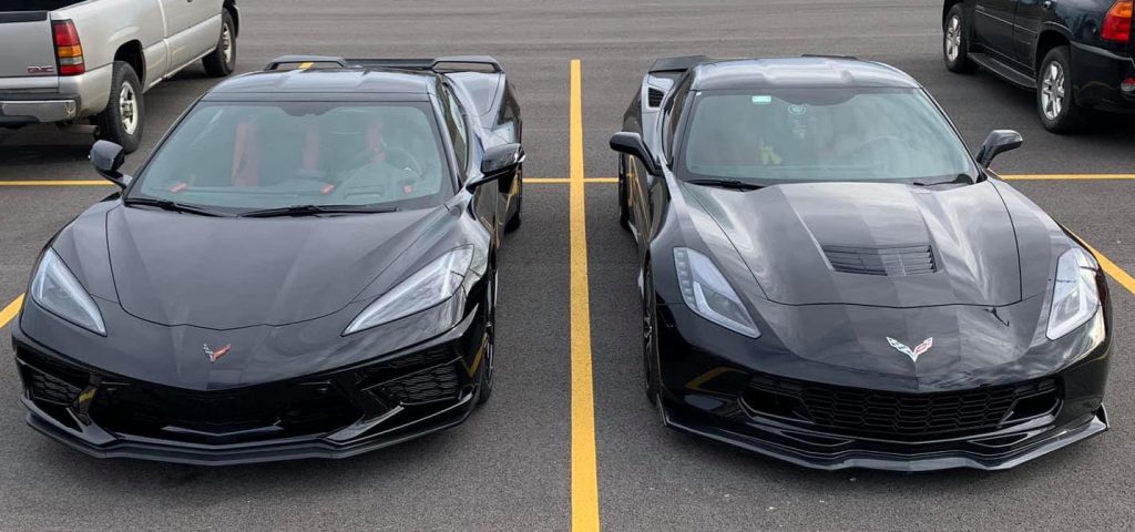 Although the mid-engine Corvette (left) is definitely a significant departure from its predecessors, there is no denying its Corvette heritage or its relationship to earlier models, such as the C7 to its right.