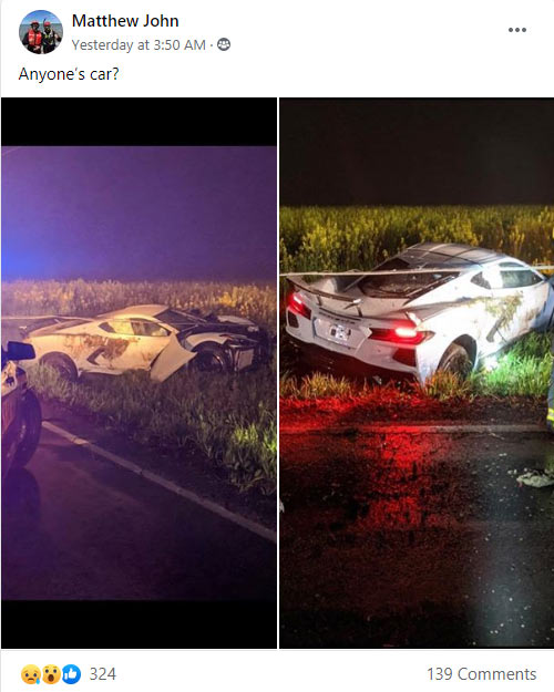 White 2020 Corvette C8 crash