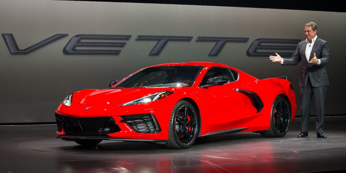 General Motors President Mark Reuss drives the 2020 Chevrolet Corvette Stingray onto the stage during its unveiling Thursday, July 18, 2019 in Tustin, California. The 2020 Stingray, the brands first-ever production mid-engine Corvette, features a new 6.2L Small Block V-8 LT2 engine producing 495 horsepower and 470 lb-ft of torque when equipped with performance exhaust. The 2020 Chevrolet Corvette Stingray goes into production in late 2019 and will start under $60,000. (Photo by Dan MacMedan for Chevrolet)