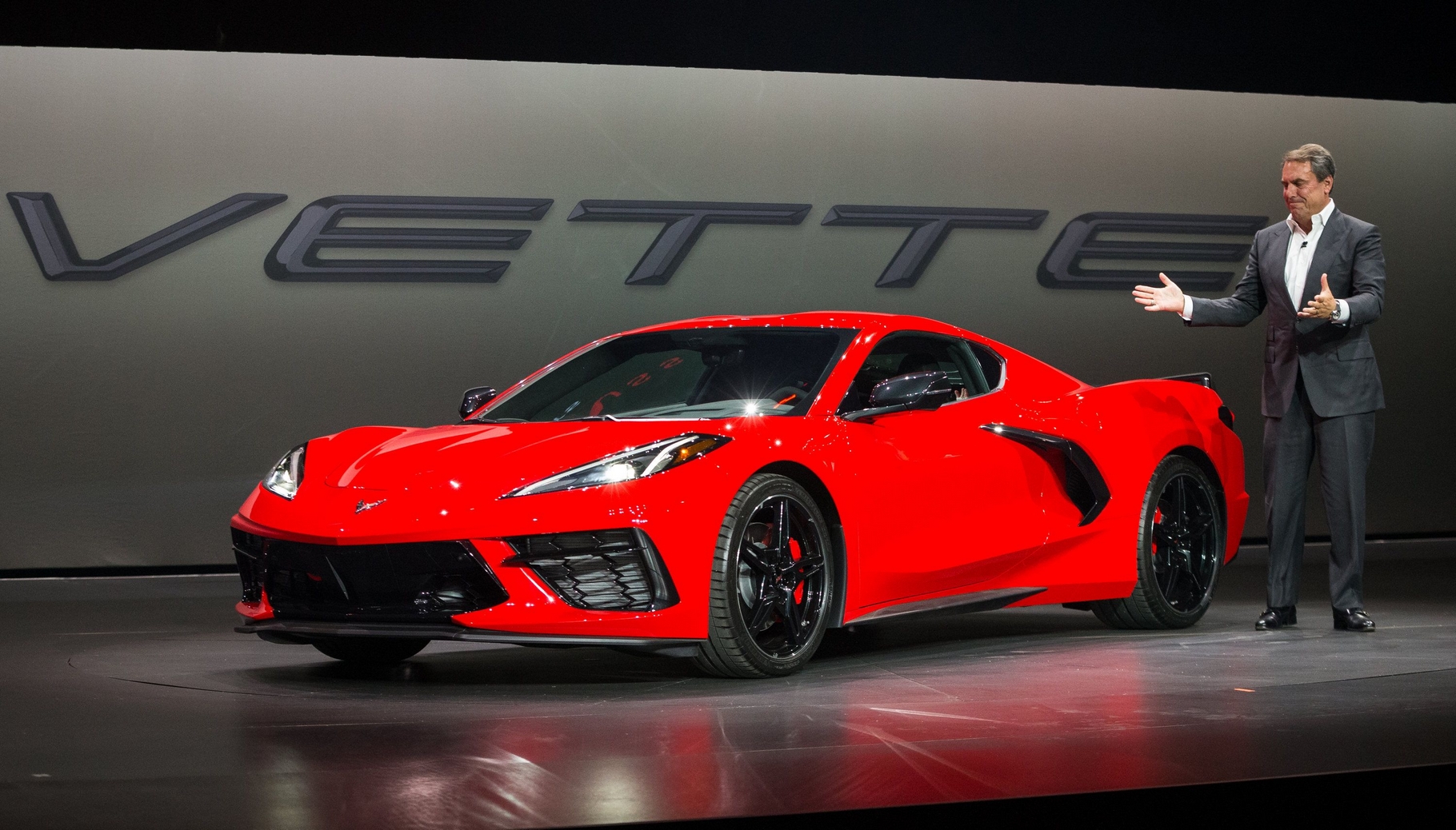 General Motors President Mark Reuss drives the 2020 Chevrolet Corvette Stingray onto the stage during its unveiling Thursday, July 18, 2019 in Tustin, California. The 2020 Stingray, the brands first-ever production mid-engine Corvette, features a new 6.2L Small Block V-8 LT2 engine producing 495 horsepower and 470 lb-ft of torque when equipped with performance exhaust. The 2020 Chevrolet Corvette Stingray goes into production in late 2019 and will start under $60,000. (Photo by Dan MacMedan for Chevrolet)