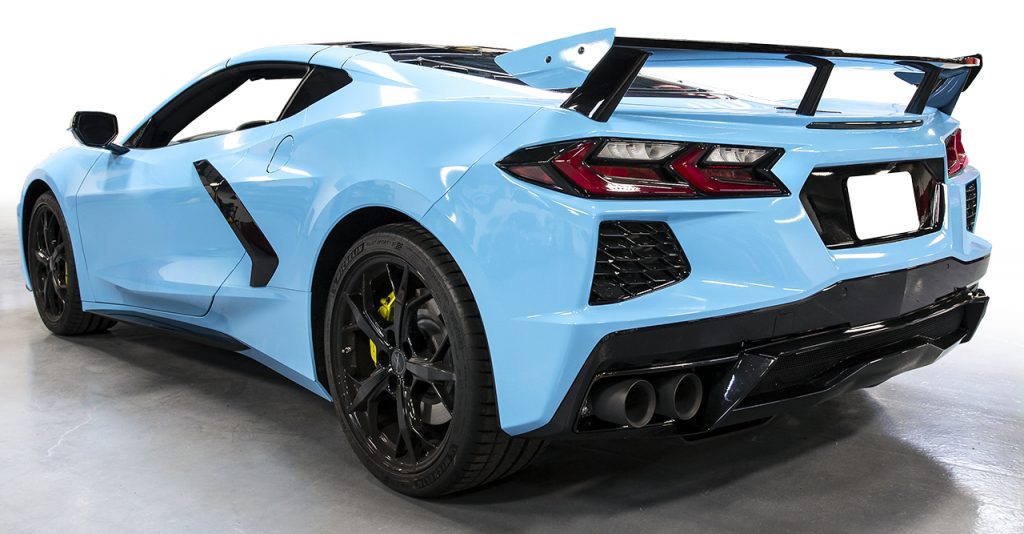 The 2020 Mid-Engine Corvette in Rapid Blue. Note the relocation of the exhaust from the center of the rear fascia to the outward corners.