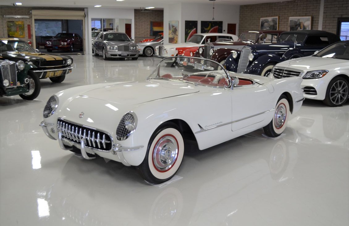 The car's Polo White exterior and Sportsman Red interior are exact matches to the original color used on the first-generation Corvette.