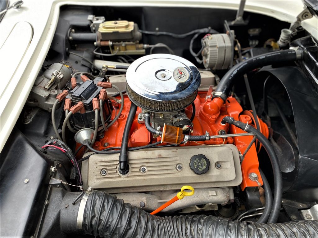 This 1957 Corvette comes equipped with a 350 cubic inch crate motor rated at 355 horsepower.