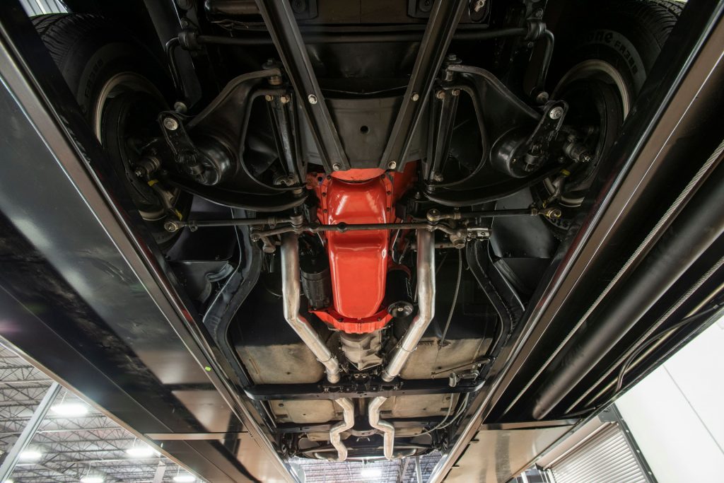 Even the undercarriage of this 1963 Split-Window Corvette looks pristine. 