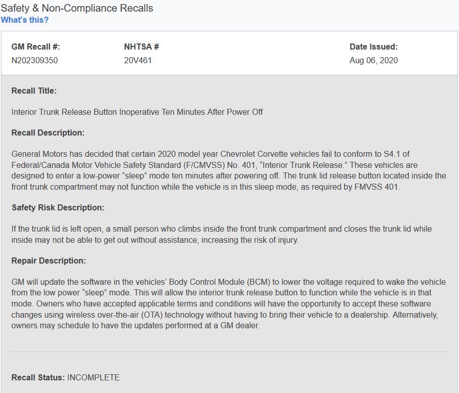 2020 Corvette C8 recall