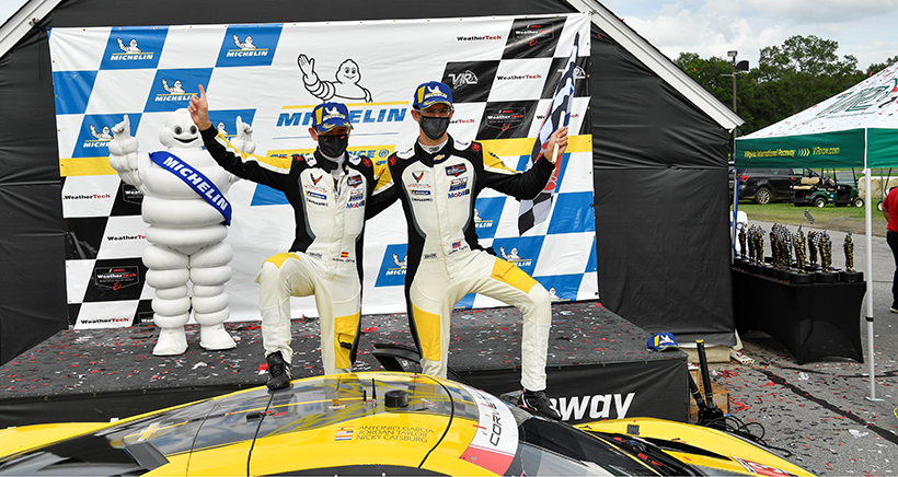 Antonio Garcia and Jordan Taylor celebrate their victory at the Virginia International Raceway!