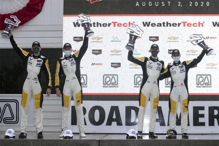 Jordan Taylor and Antonio Garcia (right) and Oliver Gavin and Tommy Milner (left) take 1st and 2nd place in GTLM at Road America on August 2, 2020.