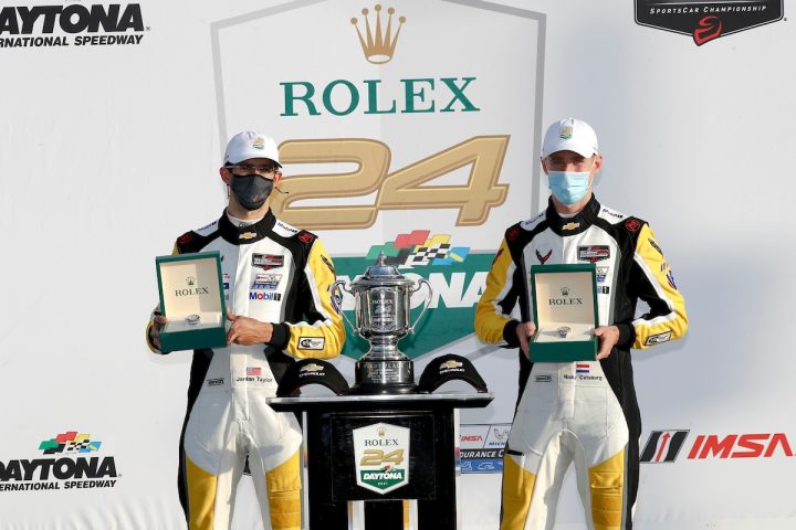 Nicky Catsburg (left) and Jordan Taylor celebrate the No. 3 victory at the Rolex 24. Antonio Garcia was absent from the celebration as he received a positive COVID result during the race and was immediately rushed into quarantine.