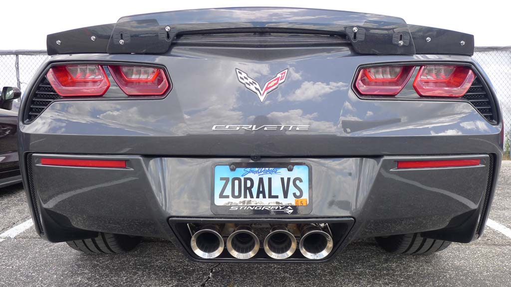 C7 Z06 corvette with carbon spoiler and vanity plate