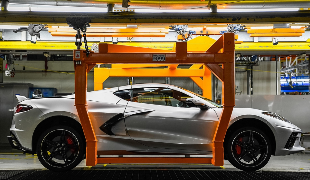 The 2021 Corvette travels down the assembly line of GM's Bowling Green Manufacturing Plant.