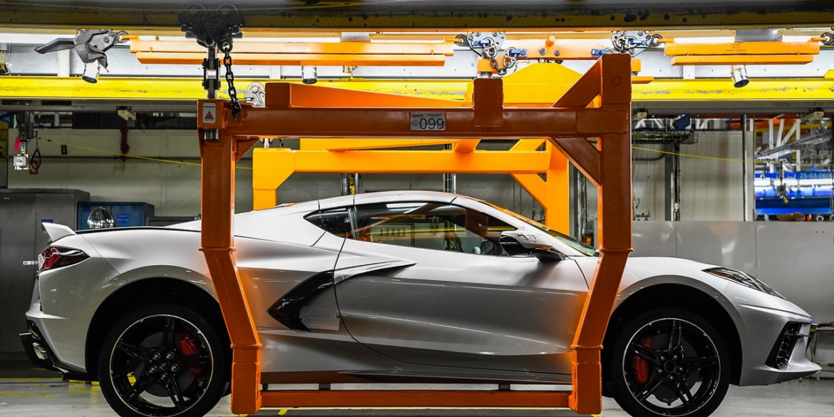 The 2021 Corvette travels down the assembly line of GM's Bowling Green Manufacturing Plant.