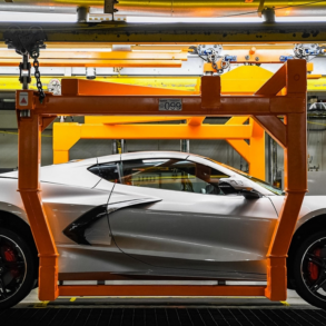 The 2021 Corvette travels down the assembly line of GM's Bowling Green Manufacturing Plant.